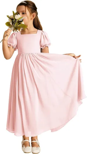 Long Chiffon Junior Bridesmaid Dresses for Wedding with Sleeve Formal Flower Girl Dress for Teens