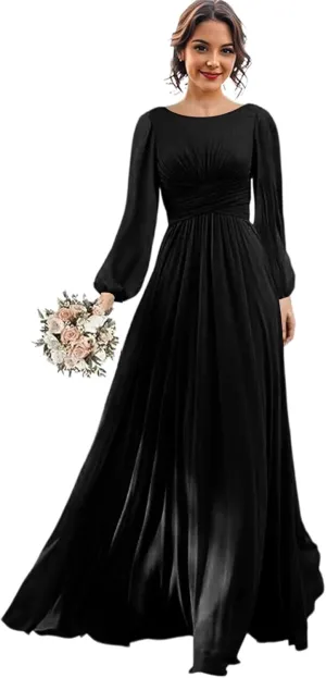 Long Sleeve Bridesmaid Dresses Chiffon Wedding Guest Dresses for Women Scoop Neck Ruched Slit Formal Dress with Pocket