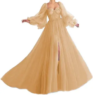 Long Sleeve Prom Dress for Women Sweetheart Tulle Ball Gown with Slit Appliques Princess Formal Evening Gowns