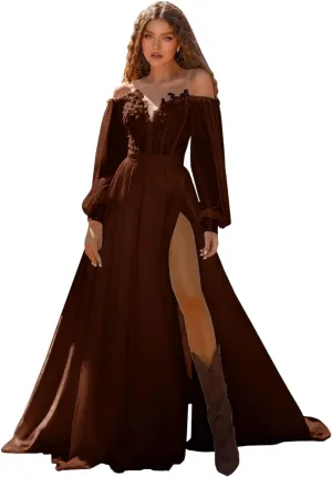 Long Sleeve Wedding Dress for Bride Off Shoulder Sweetheart Applique Chiffon Long Bridal Gown with Slit