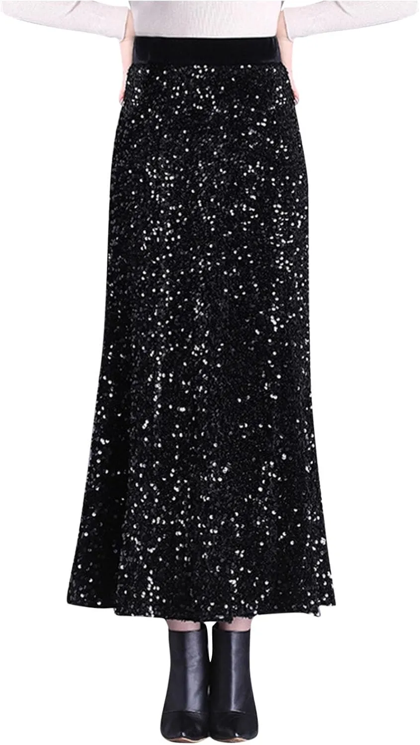 Loose Fit for Women Maxi Long Elegant Sequin Sparkle High Cut Pencil Glitter Basic Skirt Women 2025