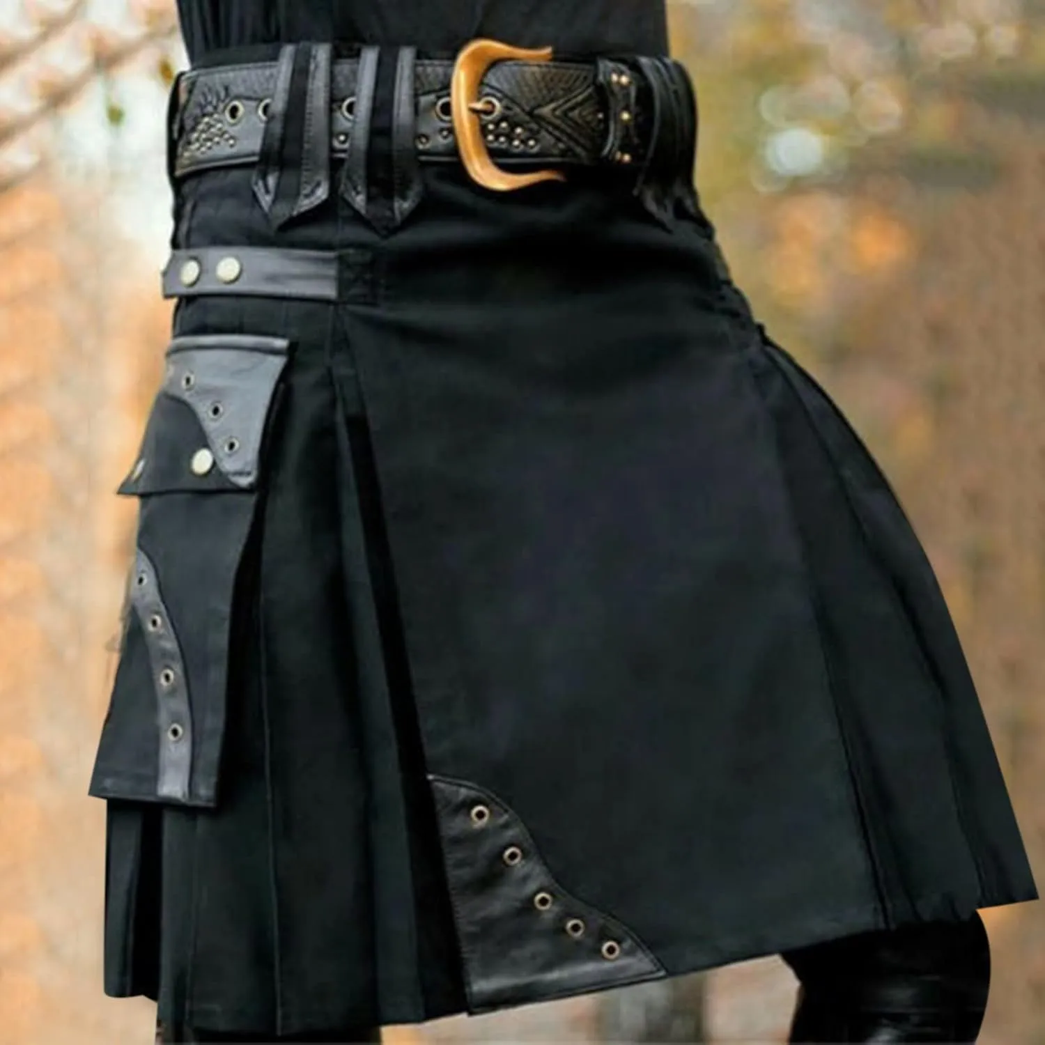 Loose Pants Mens Fashion Casual Retro Scottish Style Solid Pocket Pleated Skirt Glitter