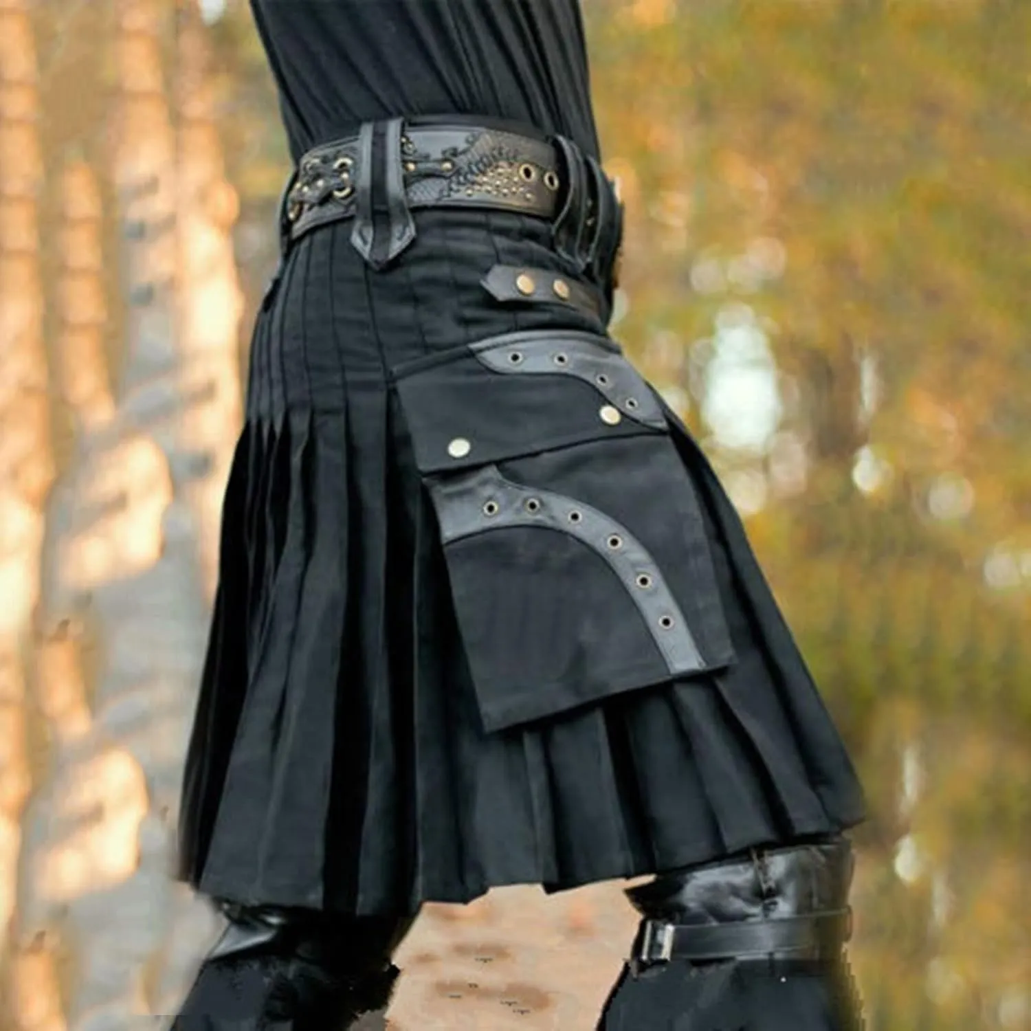 Loose Pants Mens Fashion Casual Retro Scottish Style Solid Pocket Pleated Skirt Glitter