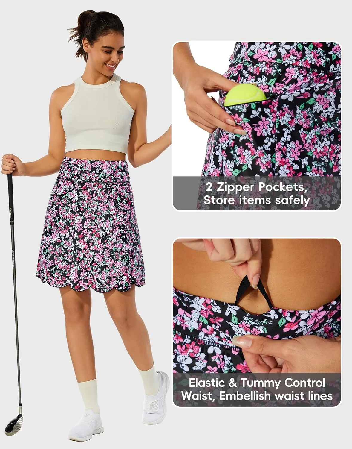 M MOTEEPI 20" Scalloped Hem Golf Skirts for Women with Zipper Pockets Womens Skort Tummy Control