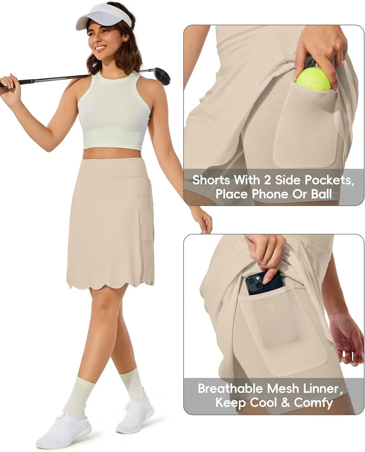 M MOTEEPI 20" Scalloped Hem Golf Skirts for Women with Zipper Pockets Womens Skort Tummy Control