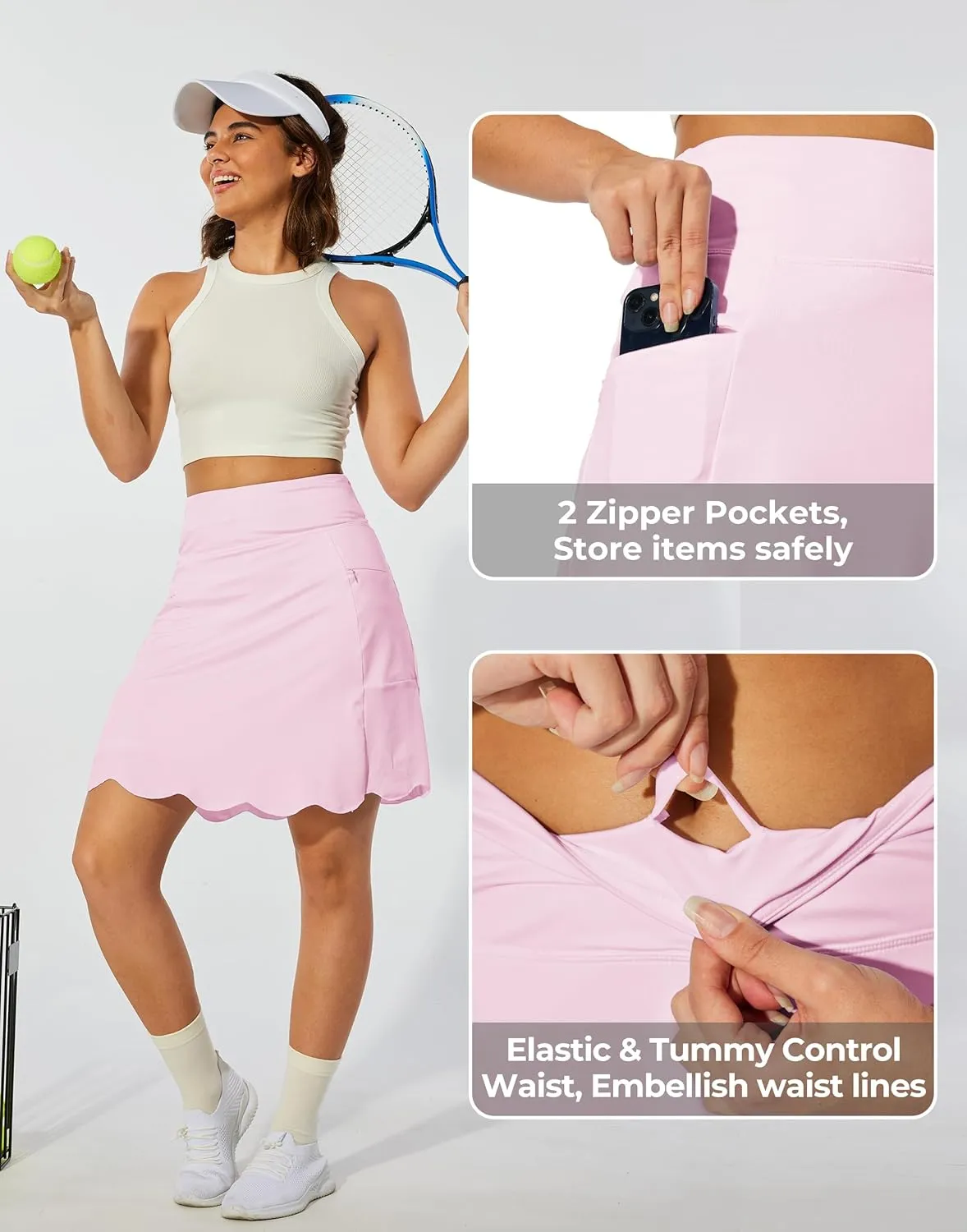 M MOTEEPI 20" Scalloped Hem Golf Skirts for Women with Zipper Pockets Womens Skort Tummy Control