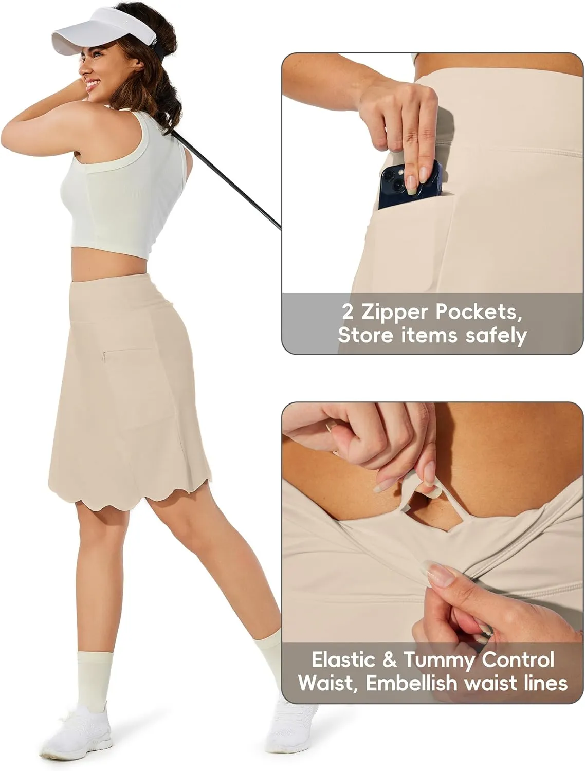 M MOTEEPI 20" Scalloped Hem Golf Skirts for Women with Zipper Pockets Womens Skort Tummy Control