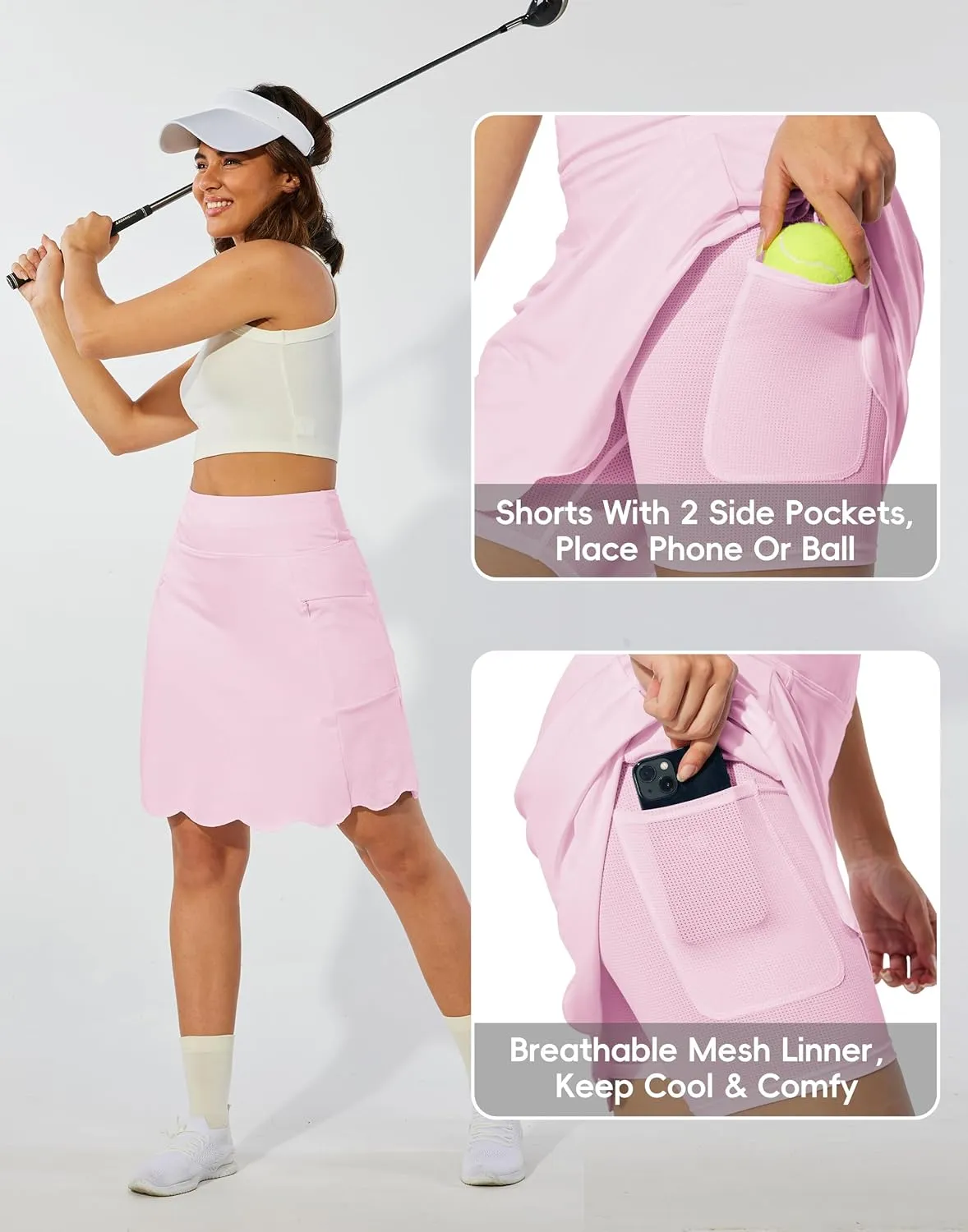 M MOTEEPI 20" Scalloped Hem Golf Skirts for Women with Zipper Pockets Womens Skort Tummy Control