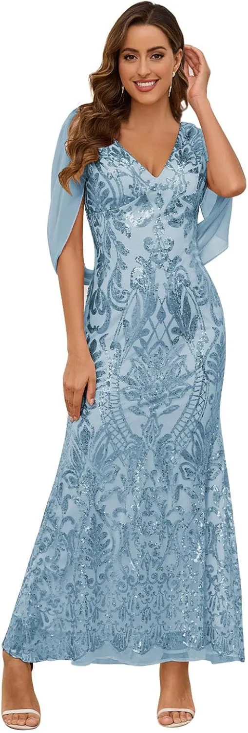 MAGGCIF Sequin Mother of The Bride Dresses for Wedding with Cape Sleeves Chiffon Mermaid Evening Formal Wedding Dress