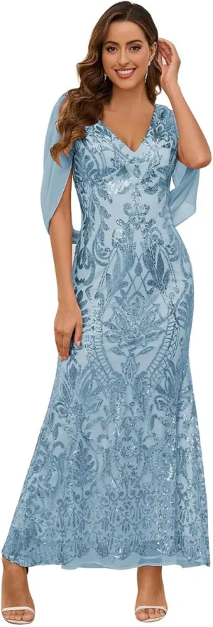 MAGGCIF Sequin Mother of The Bride Dresses for Wedding with Cape Sleeves Chiffon Mermaid Evening Formal Wedding Dress