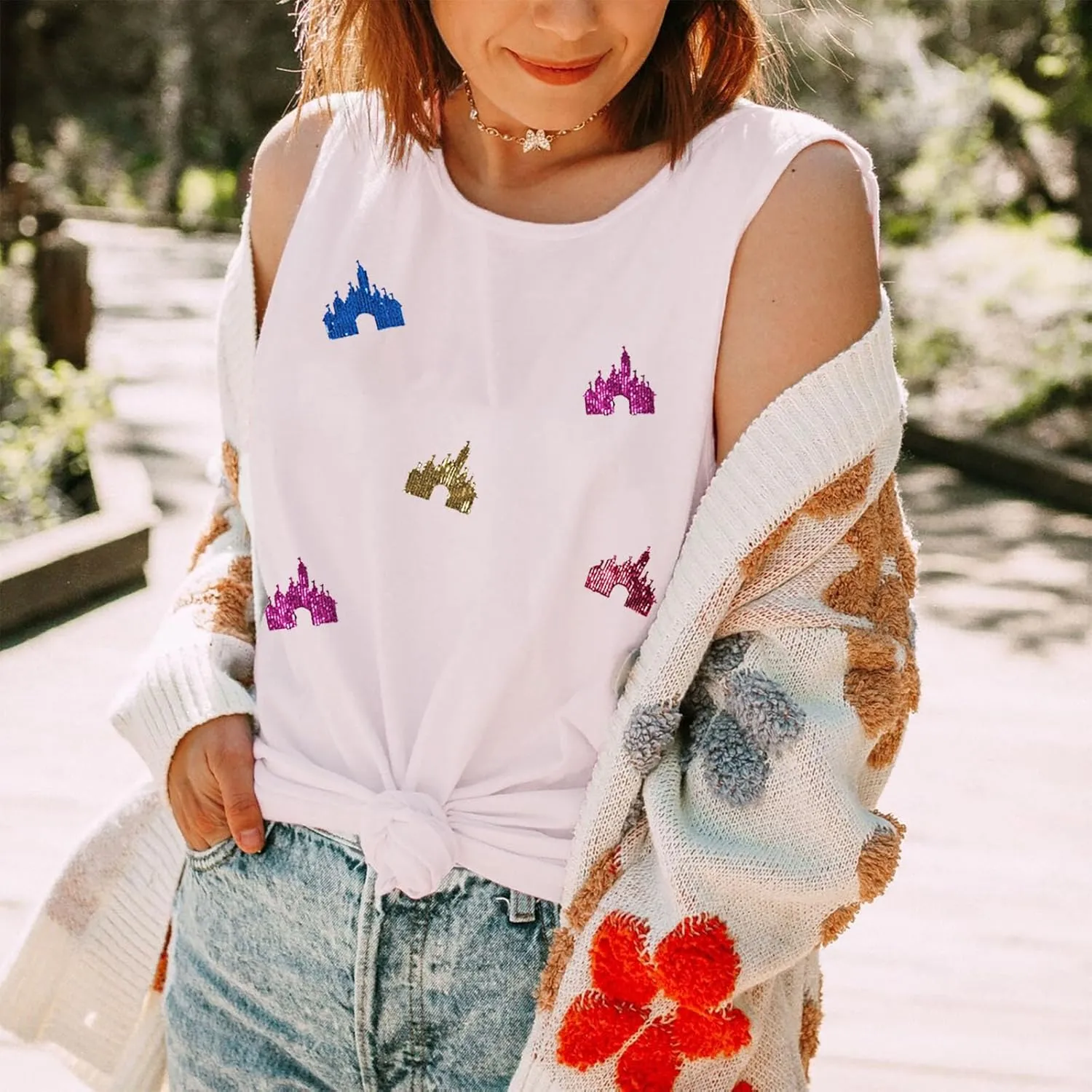 Magic Kingdom Tanks for Women Sequin Shirts Colorful Castle Graphic Sleveless Top Holiday Vacation Tank Tops