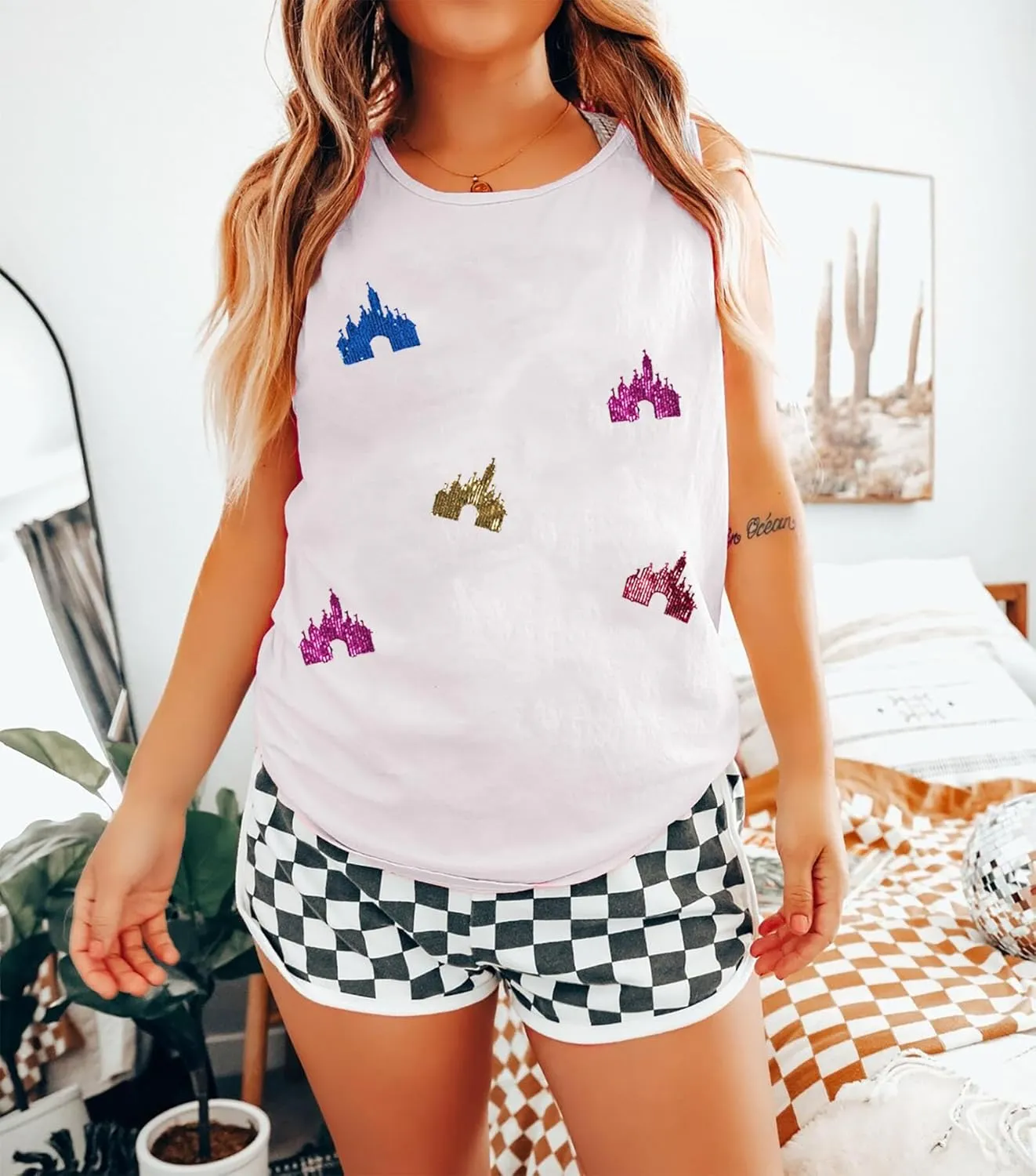Magic Kingdom Tanks for Women Sequin Shirts Colorful Castle Graphic Sleveless Top Holiday Vacation Tank Tops