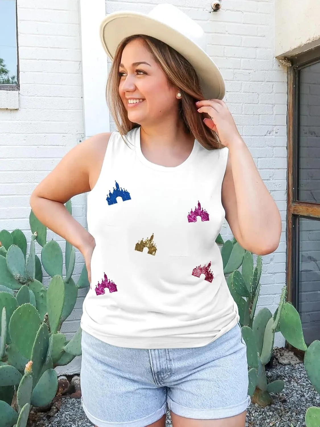 Magic Kingdom Tanks for Women Sequin Shirts Colorful Castle Graphic Sleveless Top Holiday Vacation Tank Tops