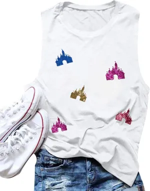 Magic Kingdom Tanks for Women Sequin Shirts Colorful Castle Graphic Sleveless Top Holiday Vacation Tank Tops