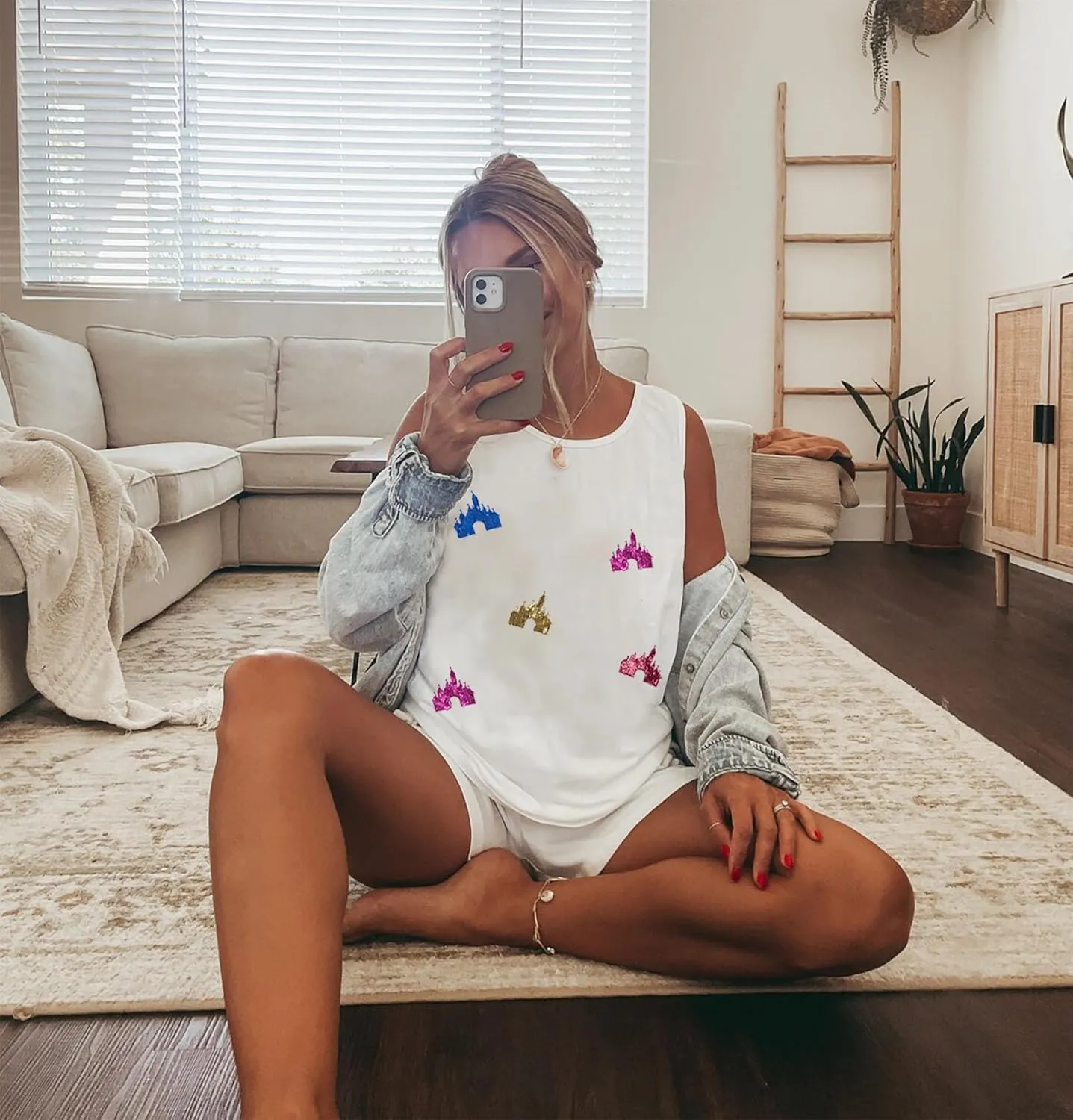Magic Kingdom Tanks for Women Sequin Shirts Colorful Castle Graphic Sleveless Top Holiday Vacation Tank Tops