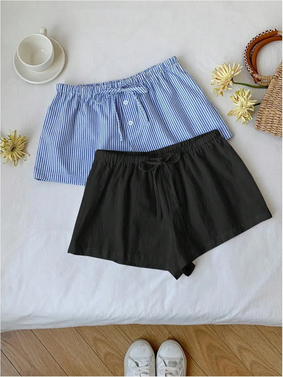 MakeMeChic Women's 2 Pack Linen Shorts Summer Beach Pajama Boxer Shorts