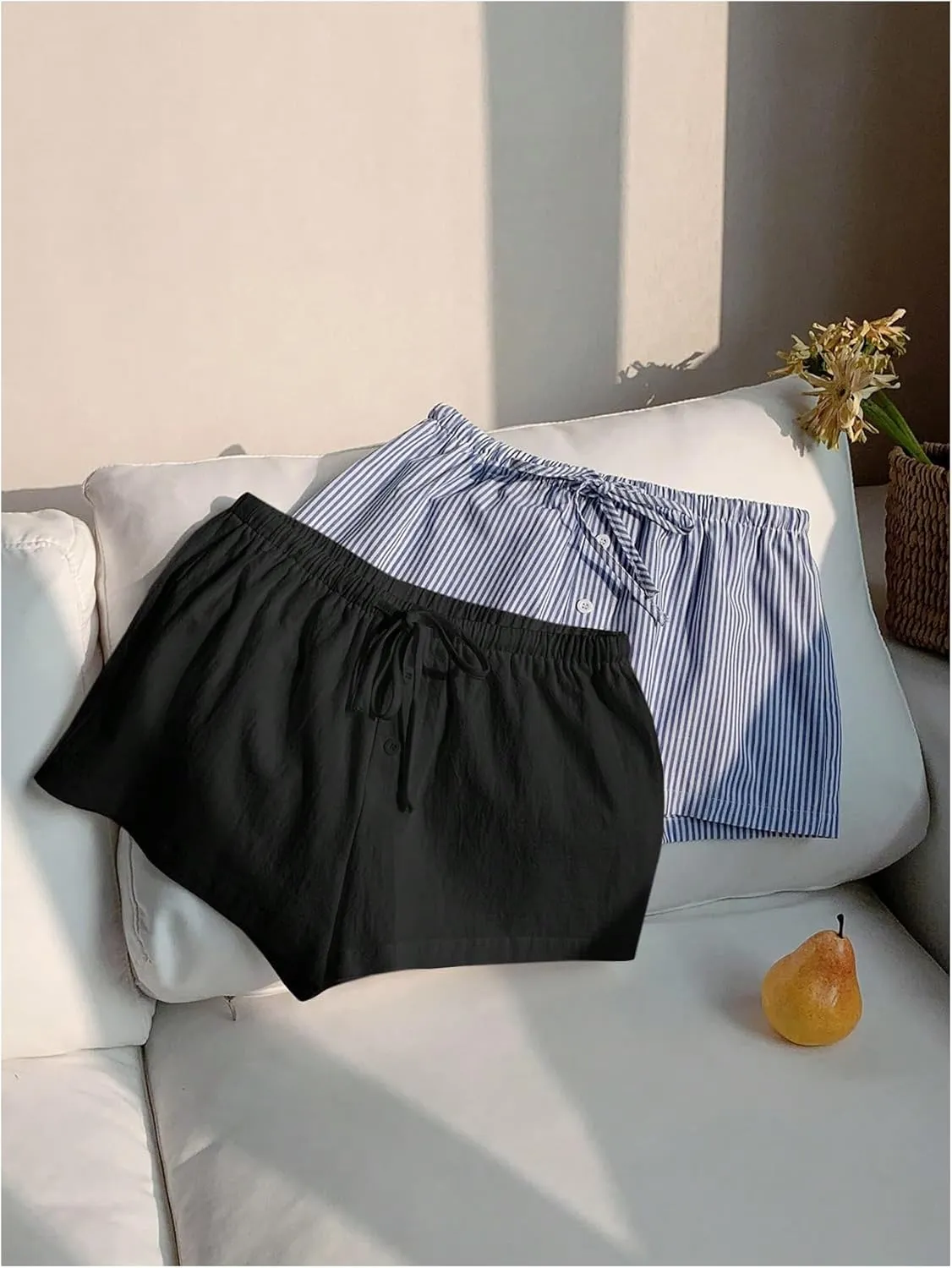 MakeMeChic Women's 2 Pack Linen Shorts Summer Beach Pajama Boxer Shorts