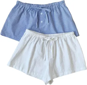 MakeMeChic Women's 2 Pack Linen Shorts Summer Beach Pajama Boxer Shorts