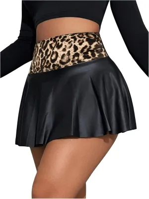 MakeMeChic Women's Faux Leather Skirt Y2K Mini Skirt Elastic High Waist A Line Flowy Skort Shorts