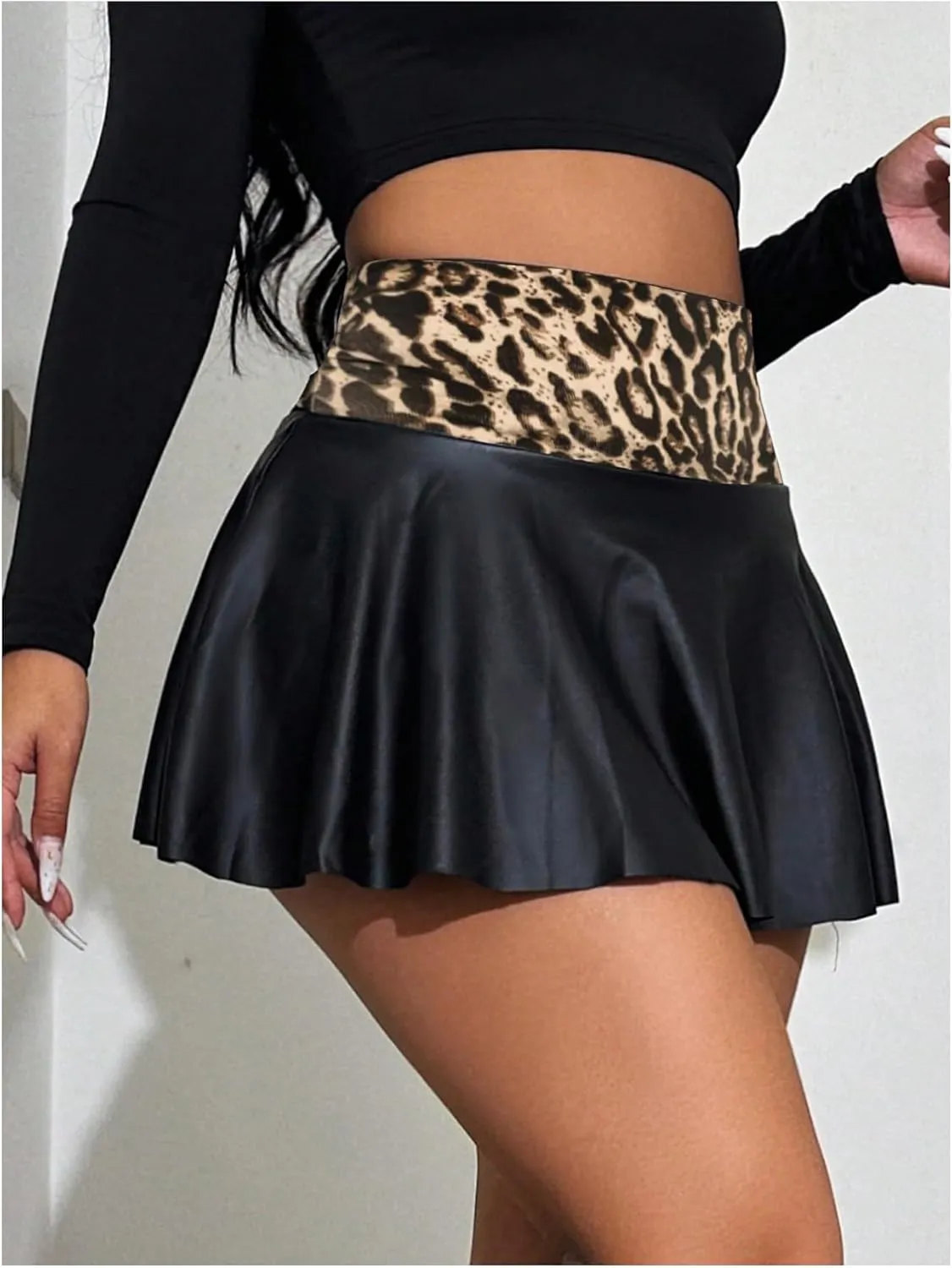 MakeMeChic Women's Faux Leather Skirt Y2K Mini Skirt Elastic High Waist A Line Flowy Skort Shorts