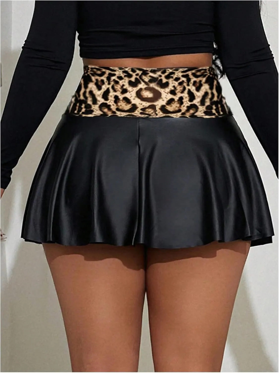 MakeMeChic Women's Faux Leather Skirt Y2K Mini Skirt Elastic High Waist A Line Flowy Skort Shorts