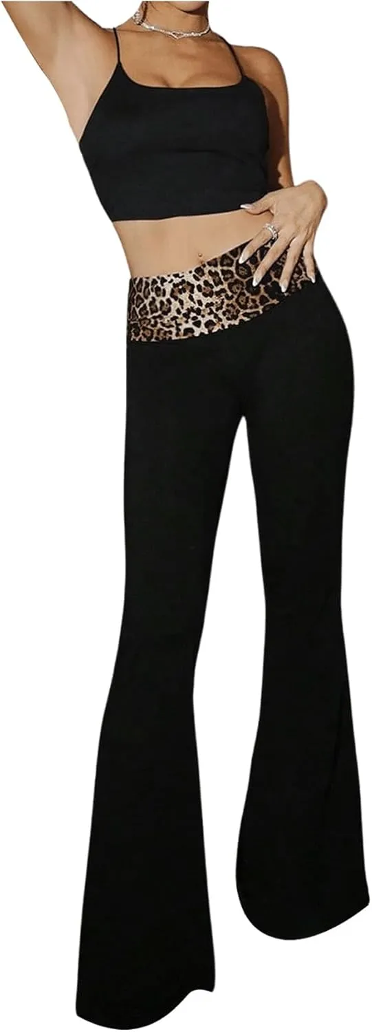 MakeMeChic Women's Flared Leg Pants Leopard Print Elastic Waist Y2K Bootcut Trousers Bell Bottoms