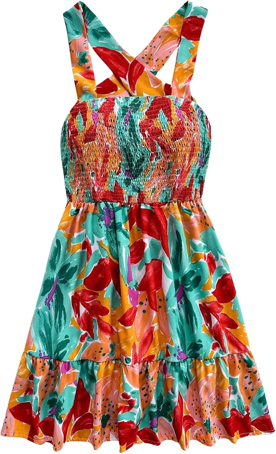 MakeMeChic Women's Floral Shirred Mini Dress Criss Cross Ruffle A Line Summer Boho Dresses