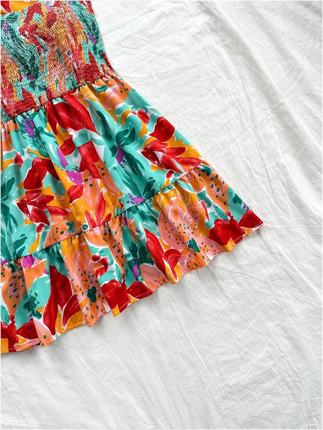 MakeMeChic Women's Floral Shirred Mini Dress Criss Cross Ruffle A Line Summer Boho Dresses