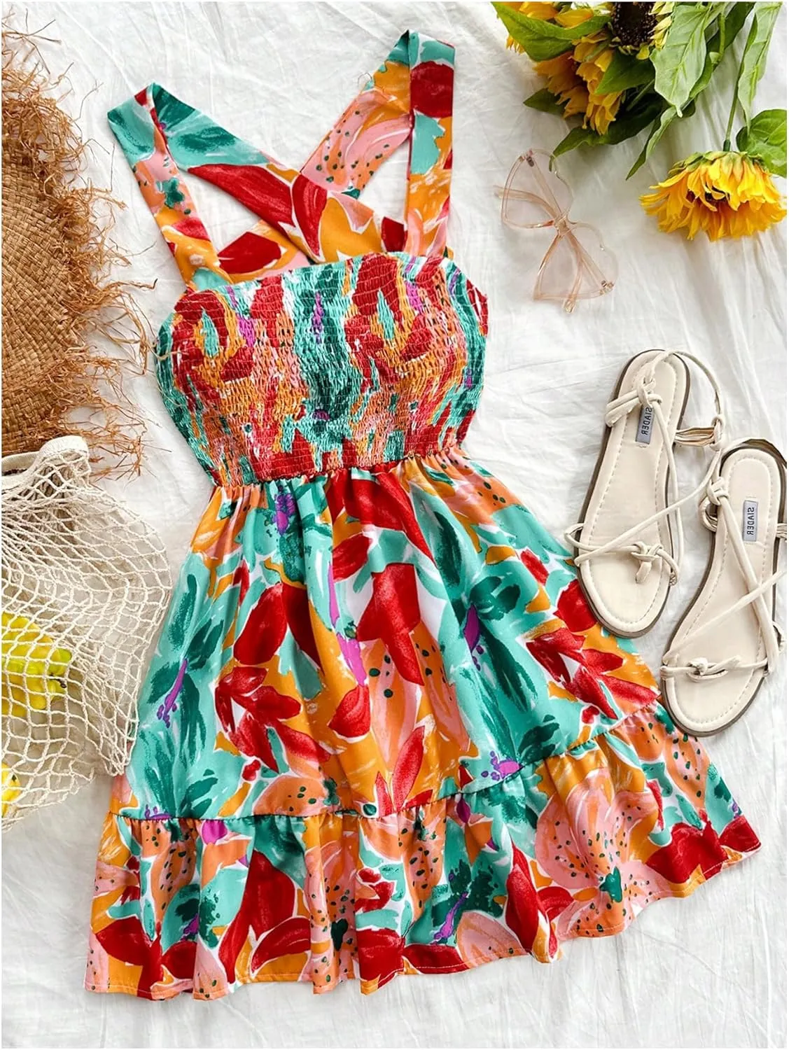MakeMeChic Women's Floral Shirred Mini Dress Criss Cross Ruffle A Line Summer Boho Dresses