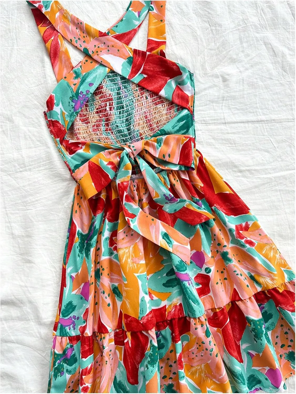 MakeMeChic Women's Floral Shirred Mini Dress Criss Cross Ruffle A Line Summer Boho Dresses