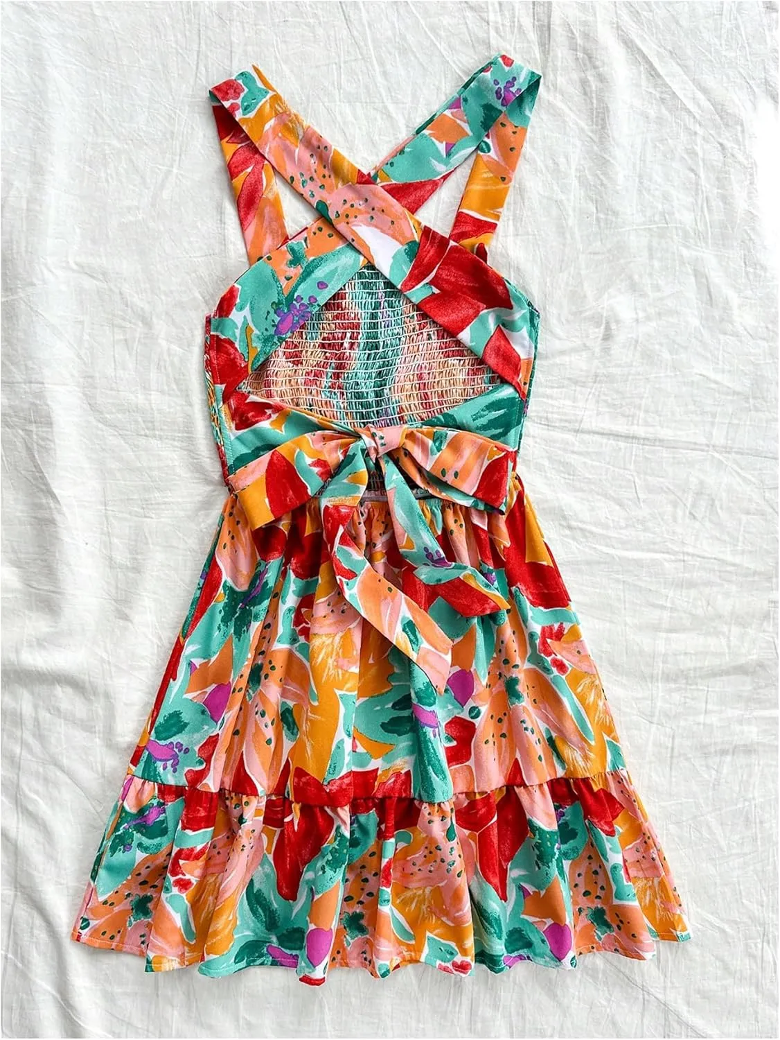 MakeMeChic Women's Floral Shirred Mini Dress Criss Cross Ruffle A Line Summer Boho Dresses