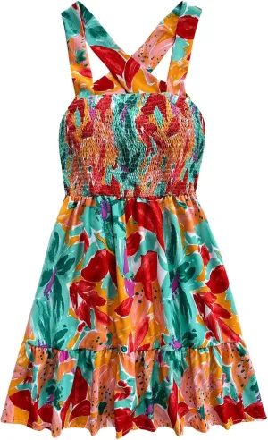 MakeMeChic Women's Floral Shirred Mini Dress Criss Cross Ruffle A Line Summer Boho Dresses