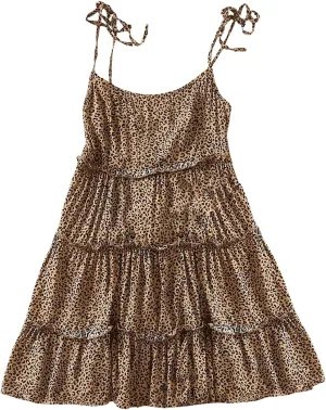MakeMeChic Women's Leopard Print Tie Shoulder Shirred Ruffle Tiered A Line Short Cami Dress