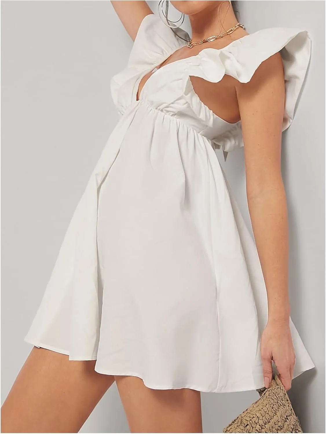 MakeMeChic Women's Ruffle Cap Sleeve Mini Dress Sweetheart Tie Back Summer Smock Dresses