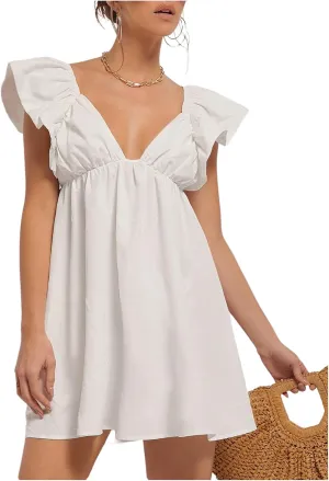 MakeMeChic Women's Ruffle Cap Sleeve Mini Dress Sweetheart Tie Back Summer Smock Dresses