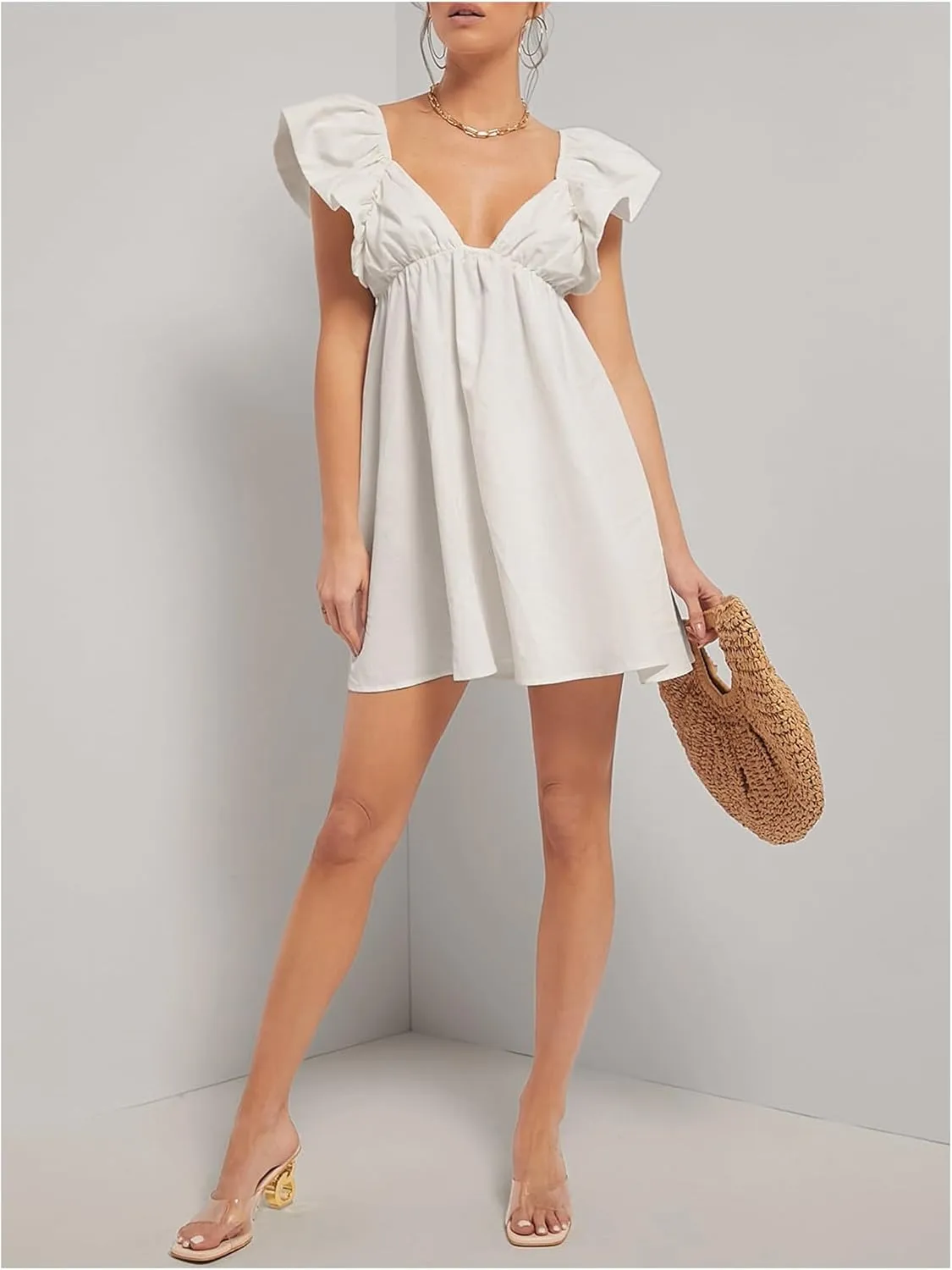 MakeMeChic Women's Ruffle Cap Sleeve Mini Dress Sweetheart Tie Back Summer Smock Dresses