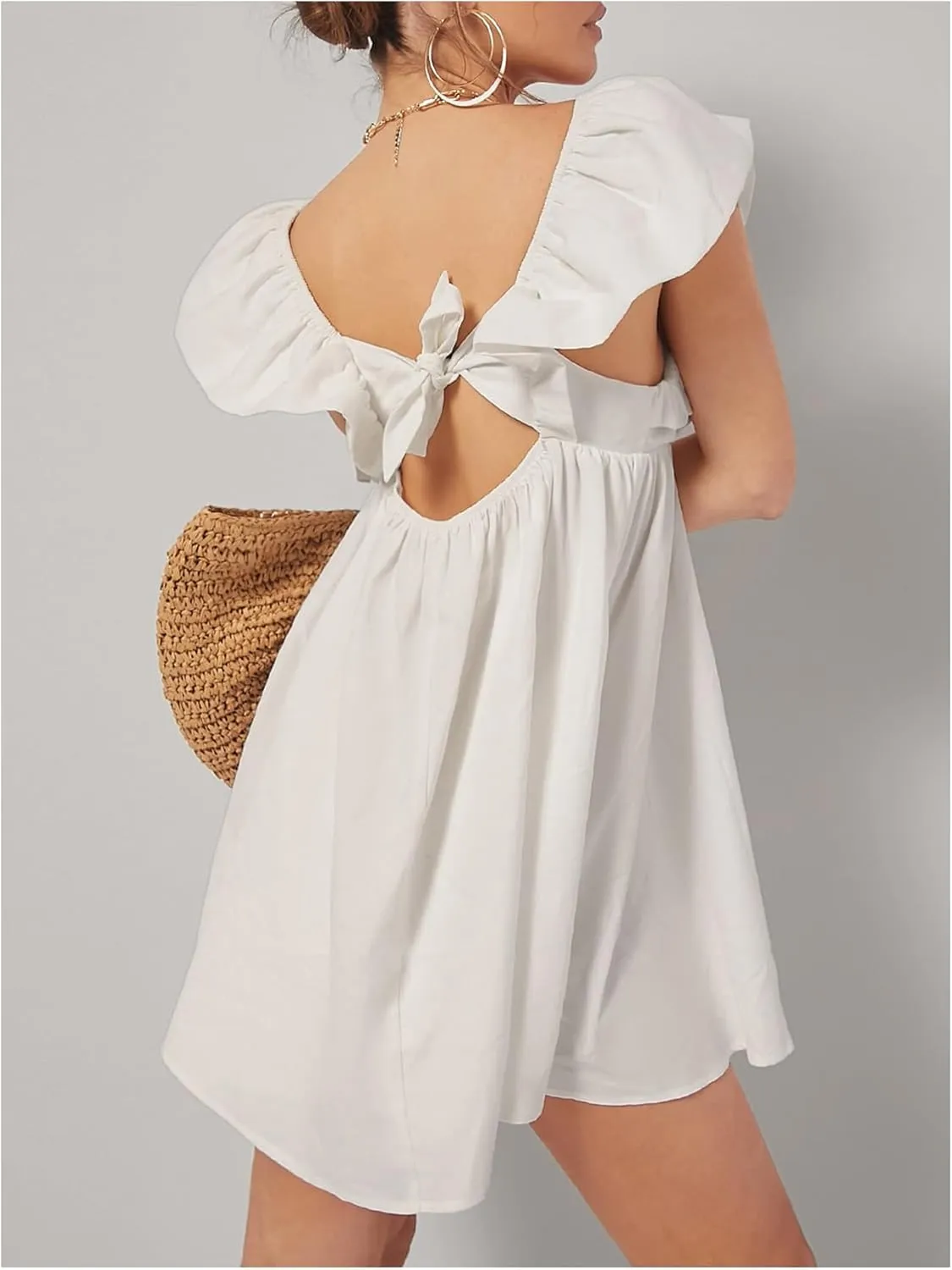 MakeMeChic Women's Ruffle Cap Sleeve Mini Dress Sweetheart Tie Back Summer Smock Dresses