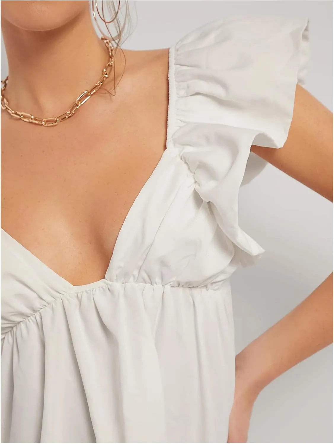 MakeMeChic Women's Ruffle Cap Sleeve Mini Dress Sweetheart Tie Back Summer Smock Dresses