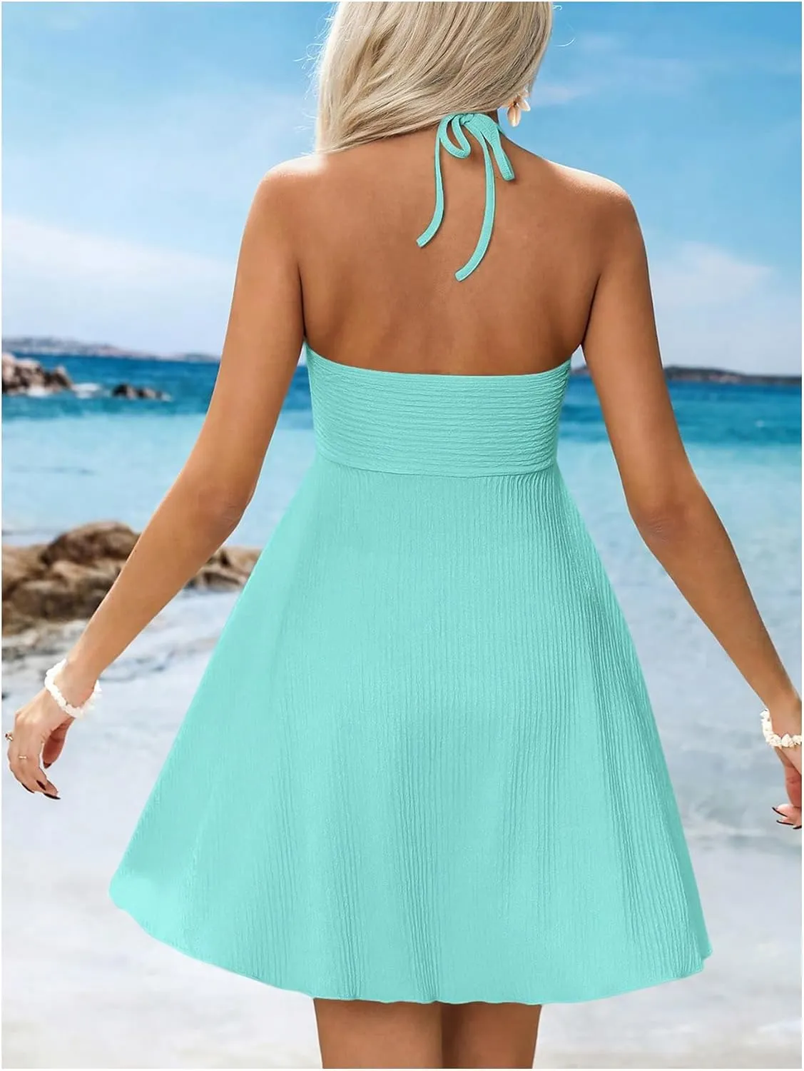 MakeMeChic Women's Summer Halter Dress Cut Out Tie Backless Criss Cross Flowy Short Dresses Sundress