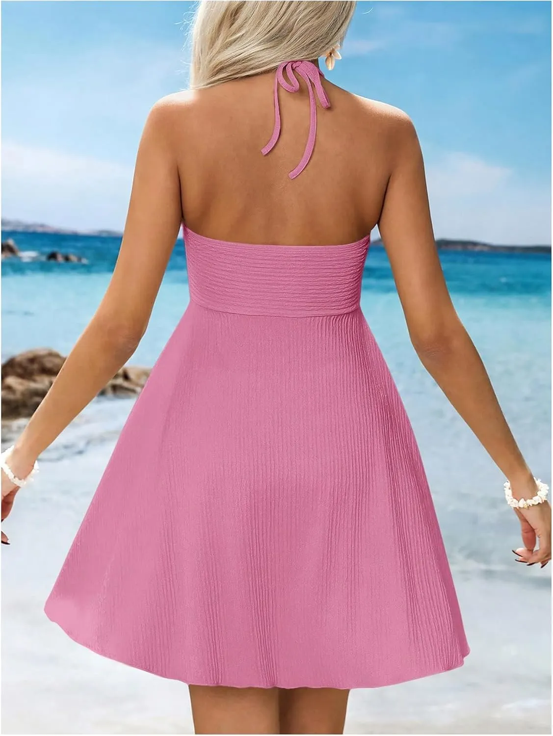 MakeMeChic Women's Summer Halter Dress Cut Out Tie Backless Criss Cross Flowy Short Dresses Sundress