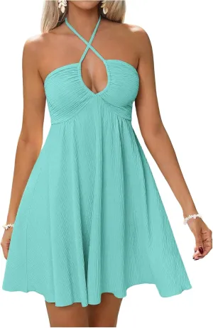 MakeMeChic Women's Summer Halter Dress Cut Out Tie Backless Criss Cross Flowy Short Dresses Sundress