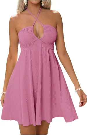 MakeMeChic Women's Summer Halter Dress Cut Out Tie Backless Criss Cross Flowy Short Dresses Sundress