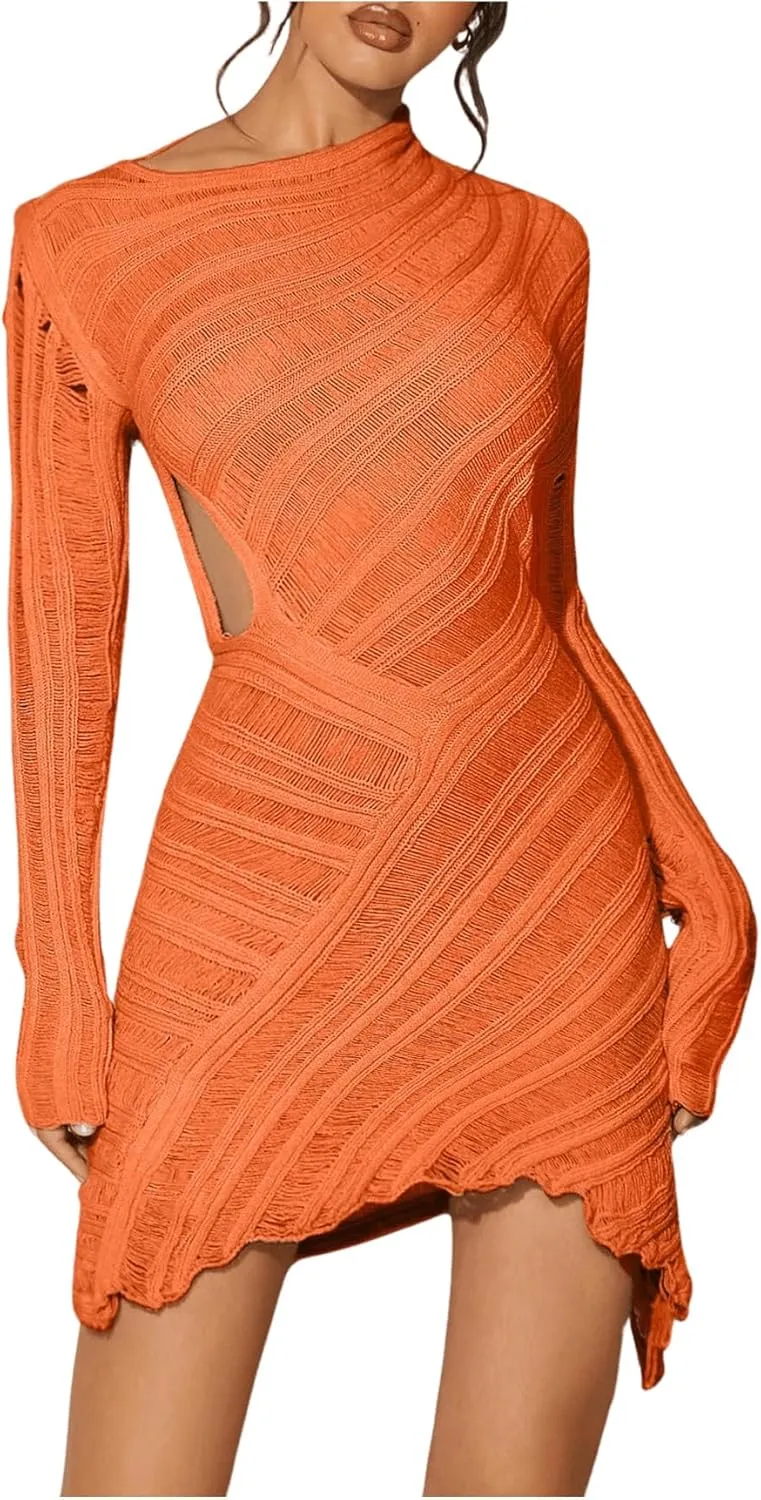 MakeMeChic Women's Y2K Cut Out Asymmetrical Long Sleeve Mini Dress Skinny Bodycon Dresses