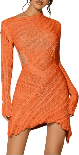 MakeMeChic Women's Y2K Cut Out Asymmetrical Long Sleeve Mini Dress Skinny Bodycon Dresses