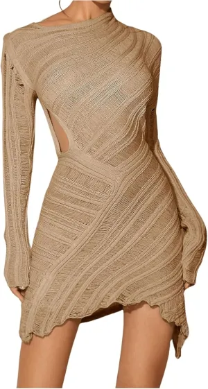 MakeMeChic Women's Y2K Cut Out Asymmetrical Long Sleeve Mini Dress Skinny Bodycon Dresses