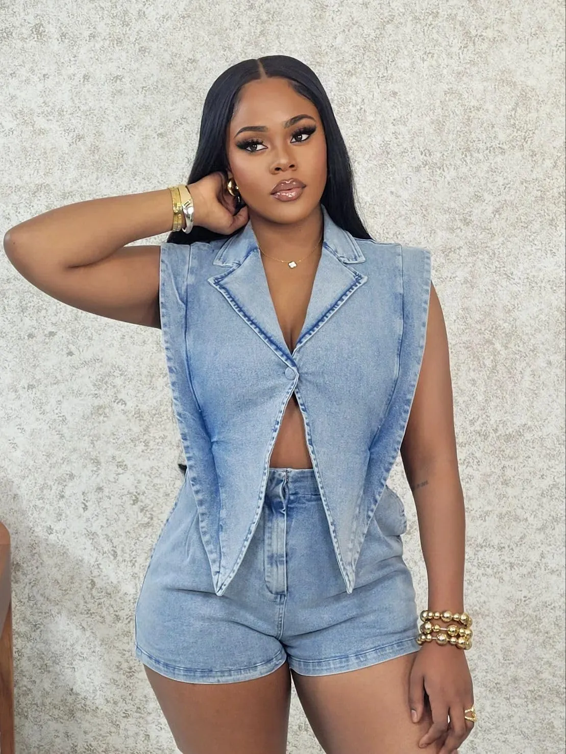 Mandonce Denim Jumpsuit For Women Cap Sleeve V Neck Button Down Crop Split Elastic High Waist Jeans Shorts For Women Romper