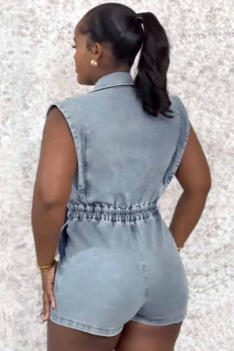 Mandonce Denim Jumpsuit For Women Cap Sleeve V Neck Button Down Crop Split Elastic High Waist Jeans Shorts For Women Romper