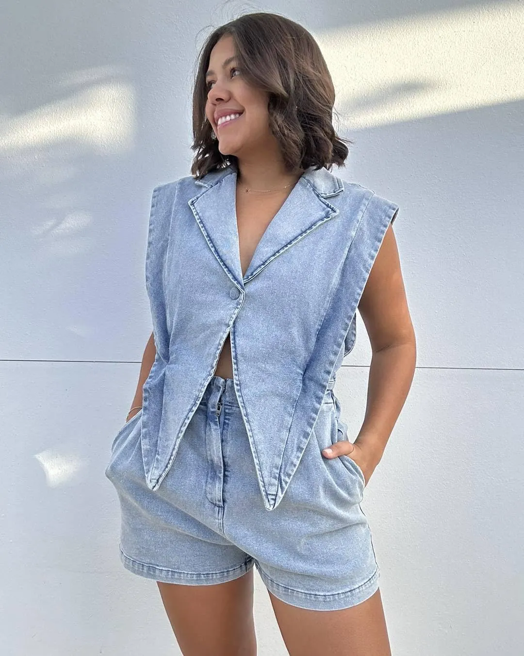 Mandonce Denim Jumpsuit For Women Cap Sleeve V Neck Button Down Crop Split Elastic High Waist Jeans Shorts For Women Romper