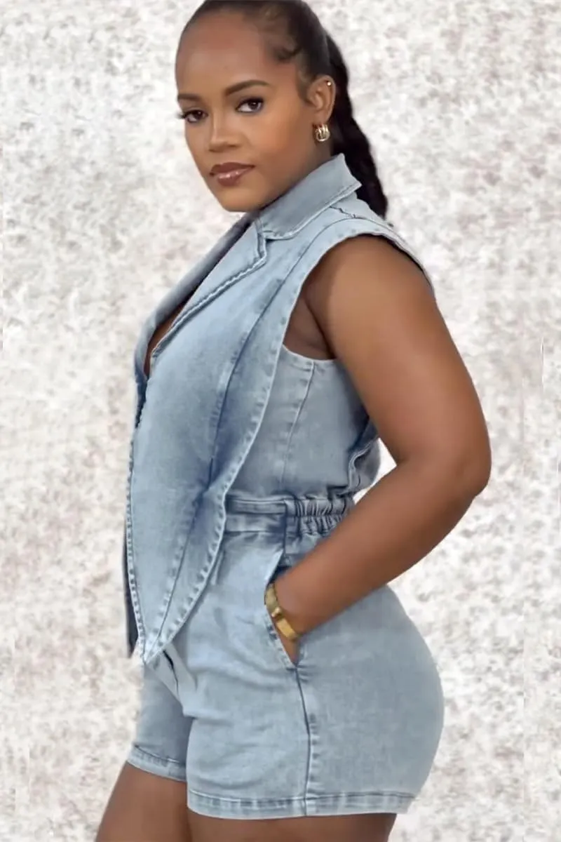 Mandonce Denim Jumpsuit For Women Cap Sleeve V Neck Button Down Crop Split Elastic High Waist Jeans Shorts For Women Romper