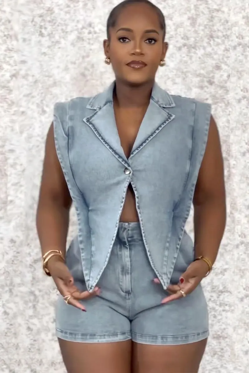 Mandonce Denim Jumpsuit For Women Cap Sleeve V Neck Button Down Crop Split Elastic High Waist Jeans Shorts For Women Romper